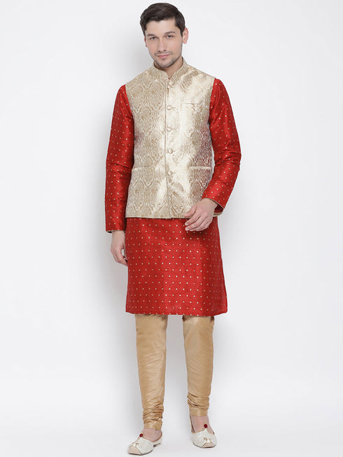 Vastramay Silk Blend Rose Gold and Maroon Baap Beta Jacket Kurta Pyjama set